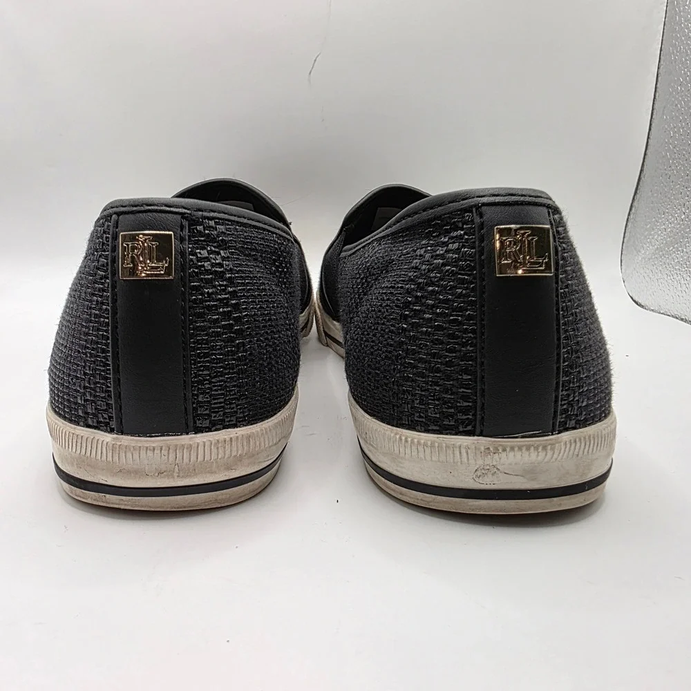 Lauren Ralph Lauren Jinny Black Woven Slip On Sneakers Womens 9B Gold Logo Flat